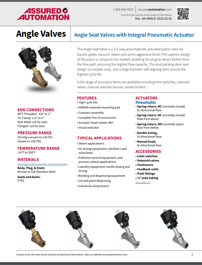 ASSURED ANGLE VALVE CATALOG ANGLE SEAT VALVES WITH INTEGRAL PNEUMATIC ACTUATOR